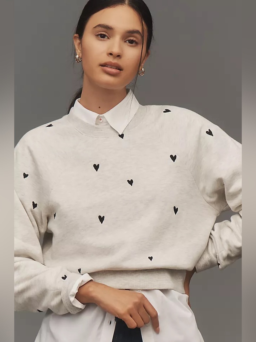Maeve by Anthropologie Embroidered Shrunken Crew-Neck Sweatshirt-All Over Hearts